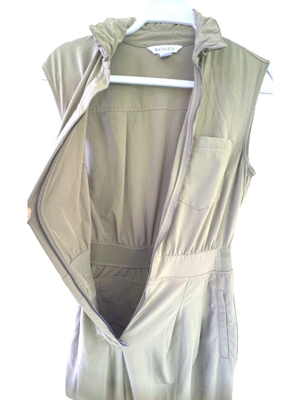 Athleta Brooklyn Wide Leg Jumpsuit Olive Green Sleeveless Mock Neck Utility Sz 2 - Picture 13 of 13